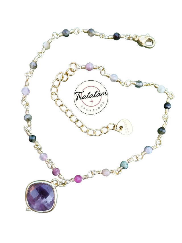 ✨Bracelet de chevilles pierres naturelles et pendentif violet améthyste✨