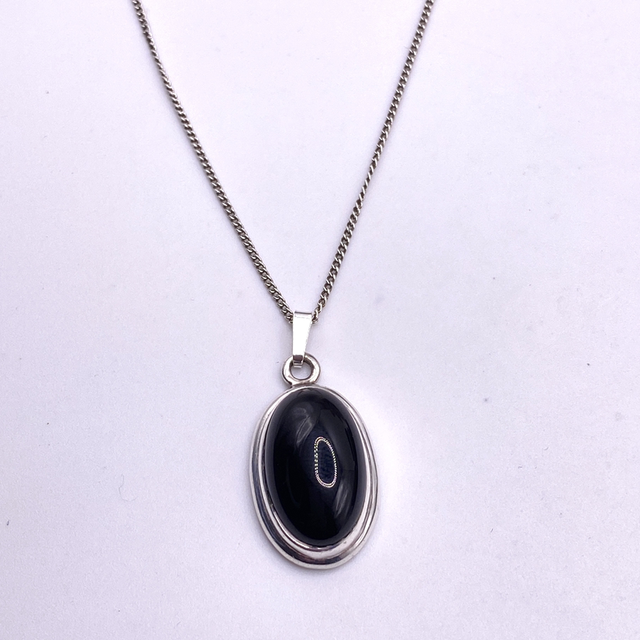 REFURBISHED Black Onyx 18" Necklace Oval Cabochon Pendant Sterling Silver