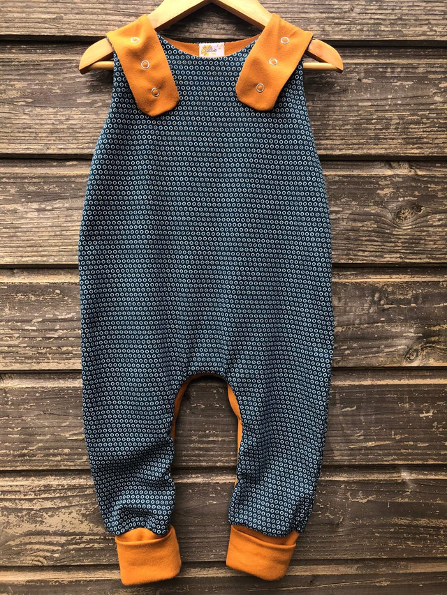 Salopette évolutive longue «Bulles bleues et ocre»