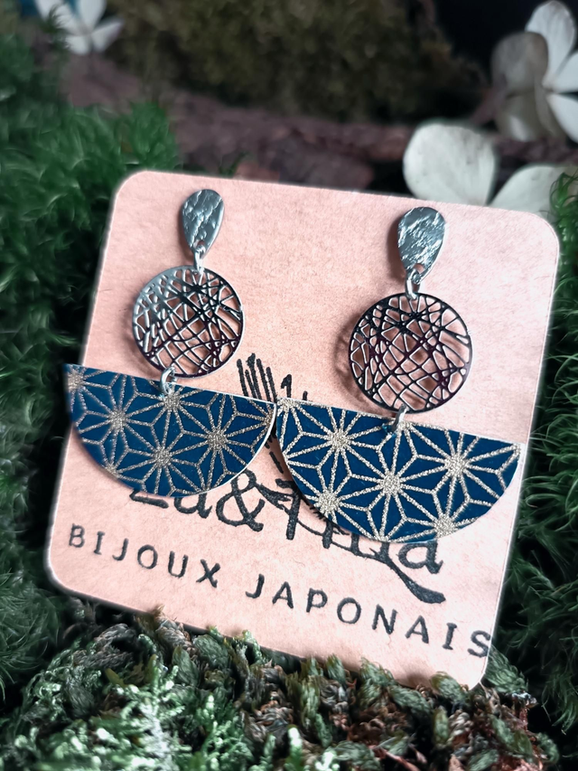 Boucles d'oreilles - puces - papier washi - rond argenté - La&Titia