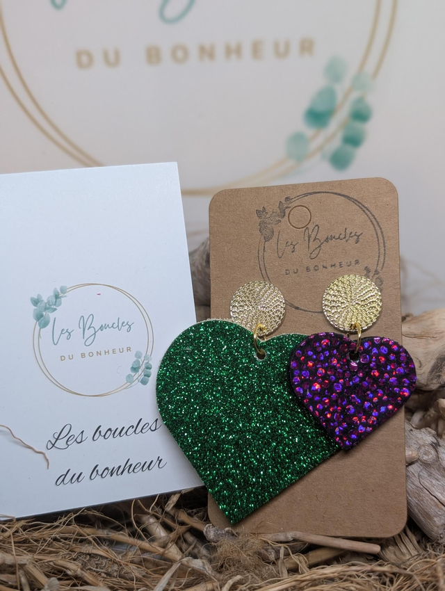 Boucles d&#039;oreilles Asymétrique vert paillettes fushia zk003