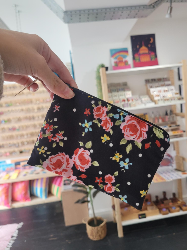 Black and pink floral zip coin purse - 100% cotton - HBH-006