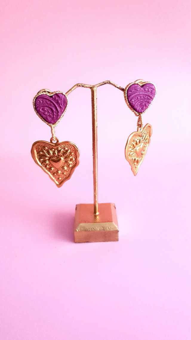 Boucles d&#039;oreilles Coups de coeur prune et doré