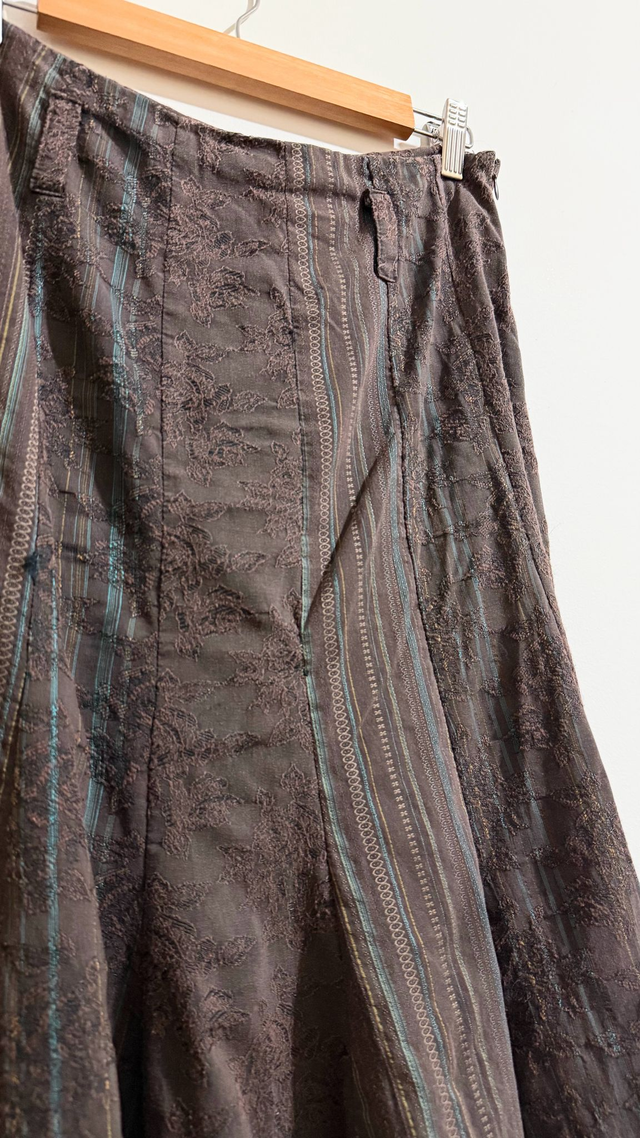 90s Brown Floral Jacquard Midi Skirt - M