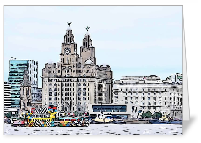 Waterfront Illustration Skyline w/ferry luxury notecard