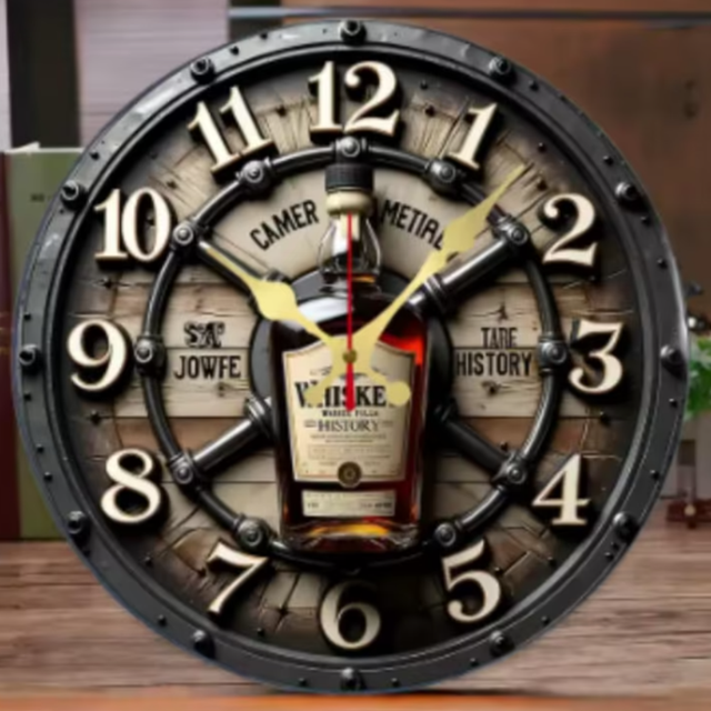 Ronde wandklok van hout Whiskey (25cm)