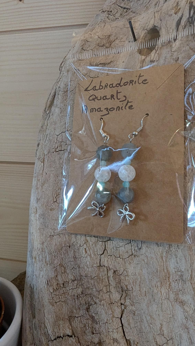 Pendantes Labradorite, Quartz craquelé, Amazonite.