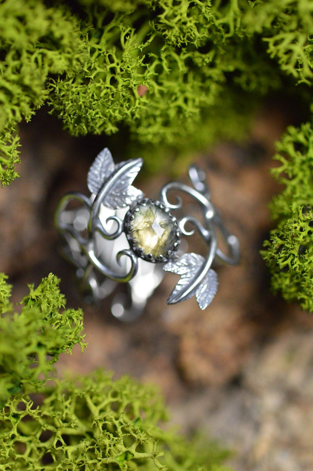 Bague Elfique - Agate mousse T58 à 69, feuilles de lierre
