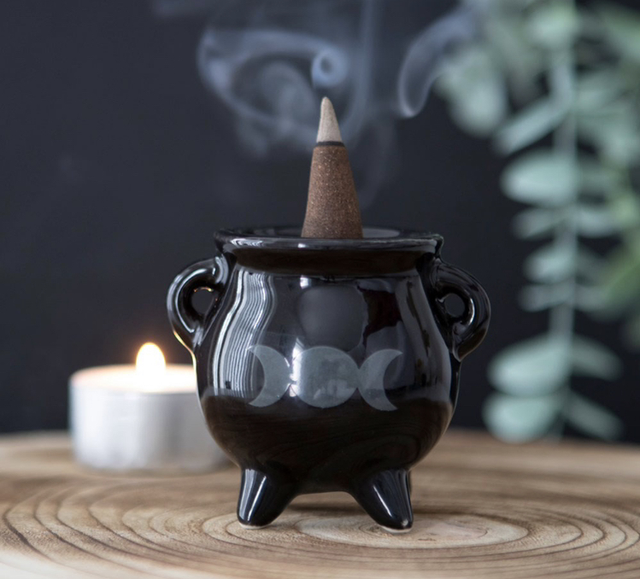 TRIPLE MOON CAULDRON CERAMIC INCENSE HOLDER