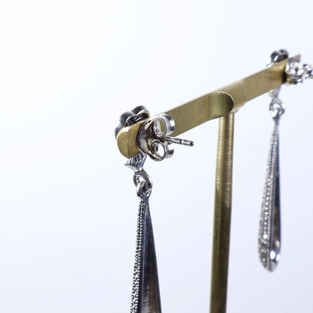 Elegant Pair of Sterling Silver 925 Art Deco Style Marcasite Gemstone Long Heart Teardrop Design Drop Dangle Earrings.