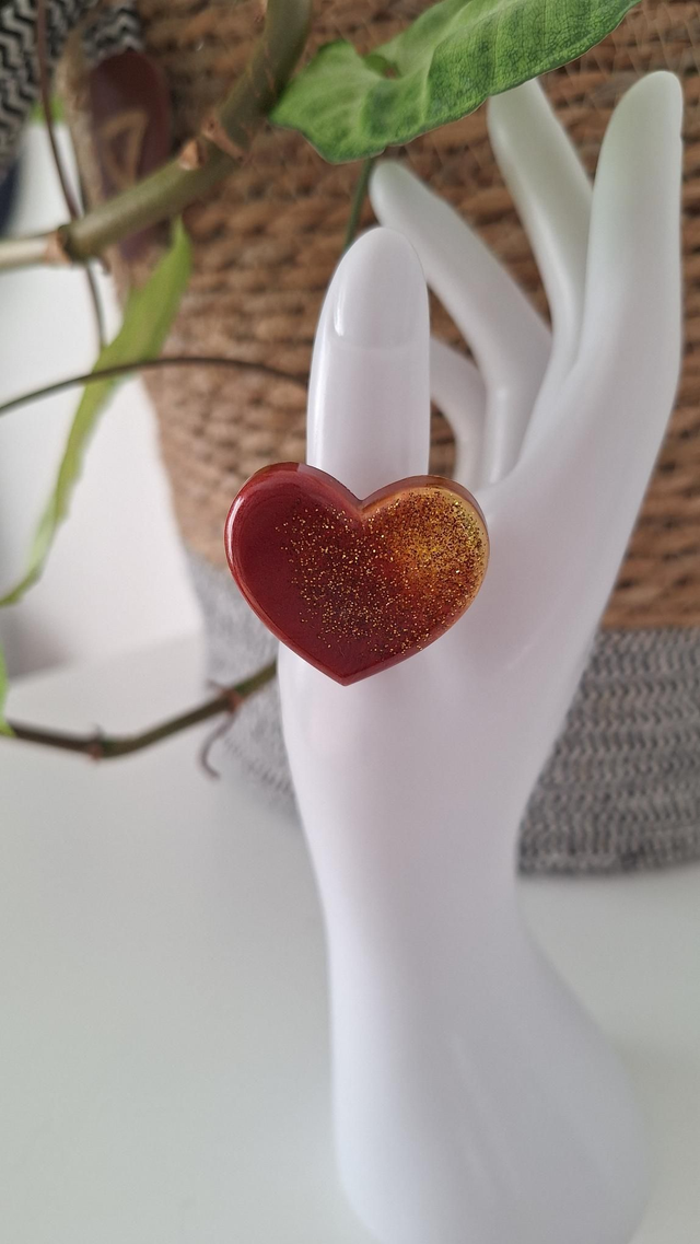 Bague cœur bordeau/paillettes dorées 