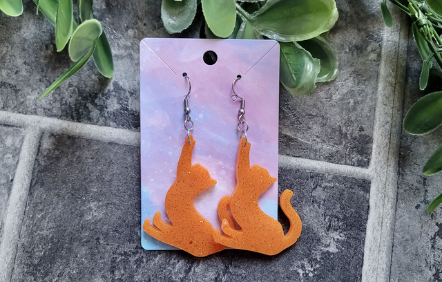 Earrings | Orange Glitter Ginger Cats Stretching | Cat Stainless Steel Hoops or Hooks