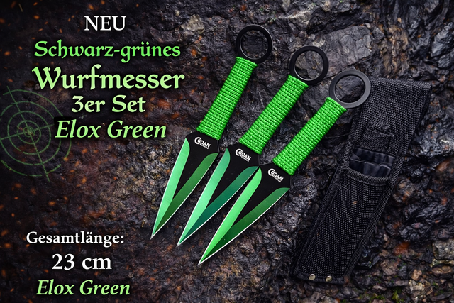 NEU Wurfmesser Kunai 3er Set elox green– Eloxierte grüne Messer mit Cordura Etui für Sammler & Sport Wurfsport Fans