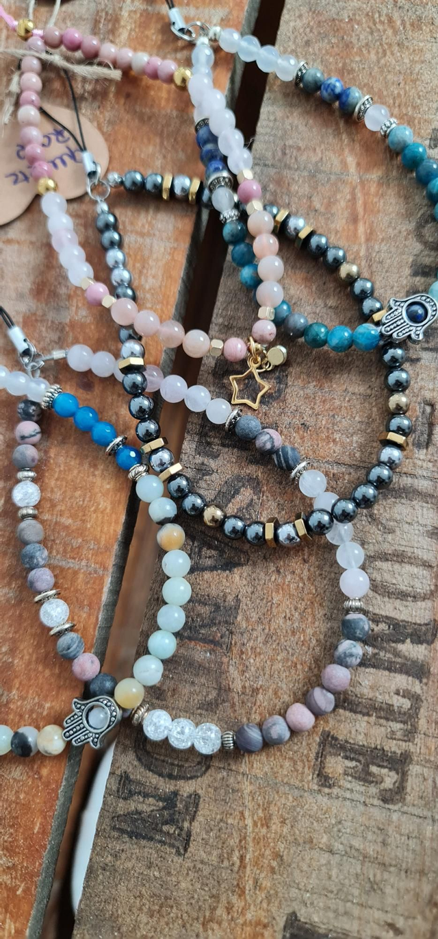 BIjoux de portable lepidolite et quartz rose