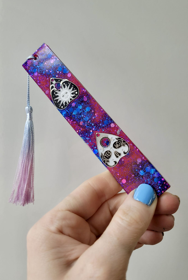 Bookmark- Purple, Blue, Pink Glitter with Oujia Planchette Charms