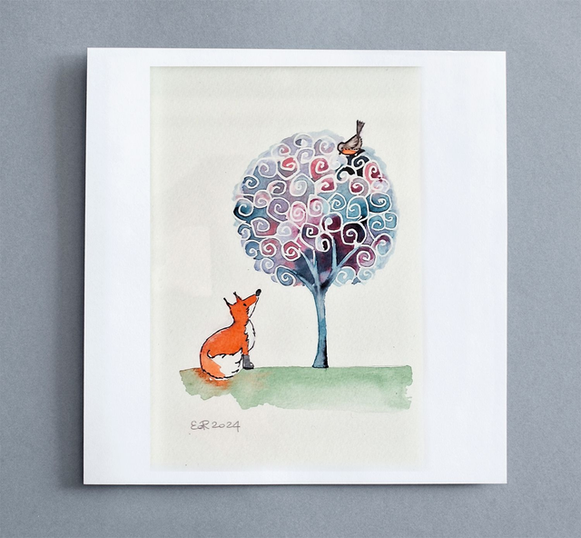 Acquerello "Volpe e pettirosso" - 1