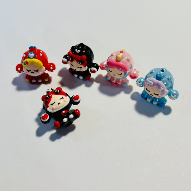 5 Handpainted Skull Panda figure focal beads. Pen &amp; keychain crafts