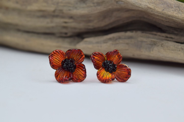 PUCES FLEURS ROUGE TRANSLUCIDE MONTURE INOX GRIS (PF3)