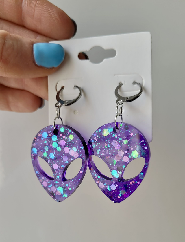Earrings | Purple Glitter Alien Head | Stainless Steel Hoops