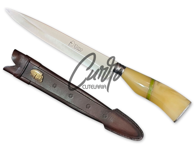Faca Campeira Elmo Cabo Madeira e Resina Bainha Couro 9 Pol