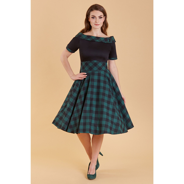 Darlene Retro Swing Dress In Green Tartan