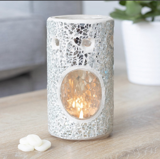 Silver Mirrored Crackle Pillar Oil &amp; Wax Burner
