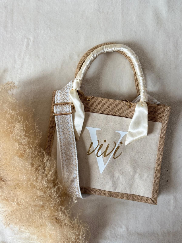 Sac en toile de jute naturel + pochette beige avant à partir de