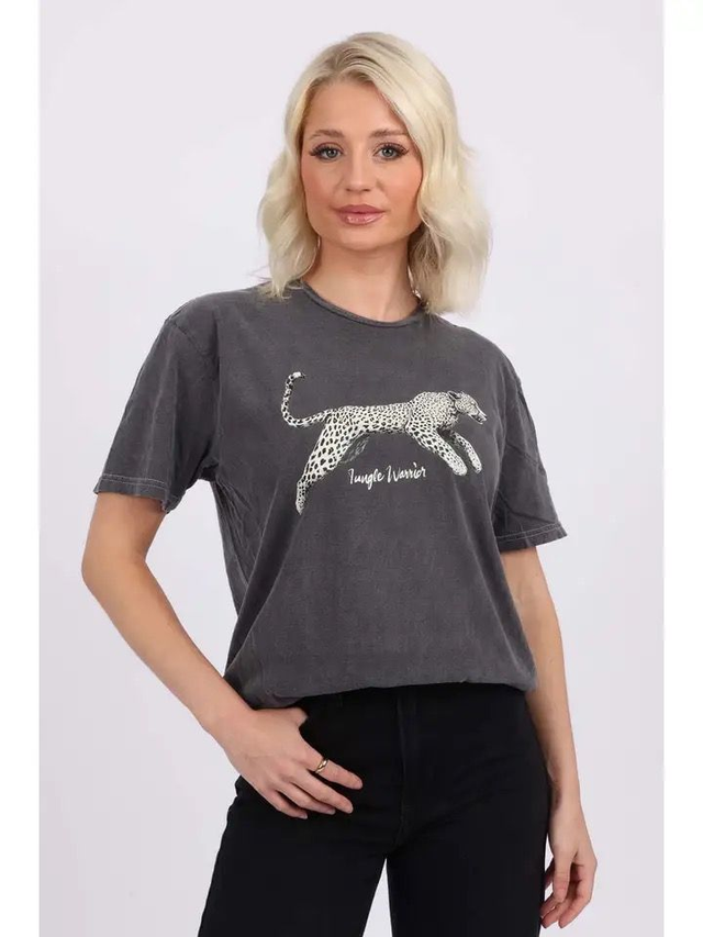 Acid Wash Leopard T-Shirt - Grey