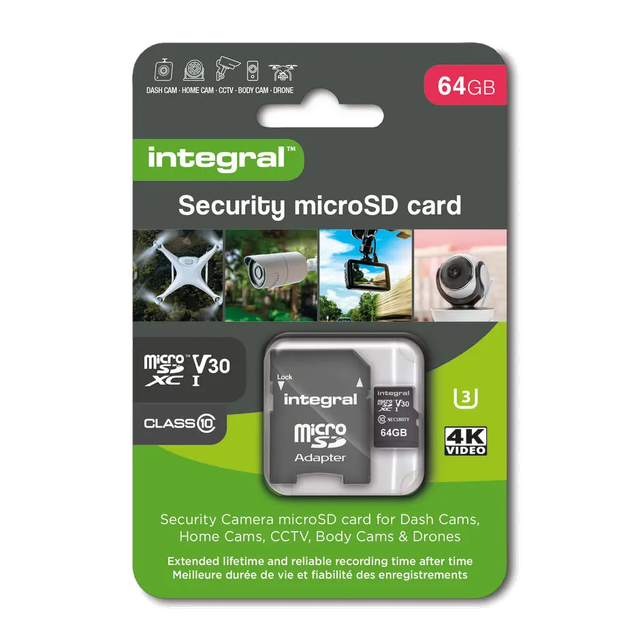 64GB Integral Security microSD card UHS-1, U3 V30 up to 100MB/Sec INMSDX64G10-SEC