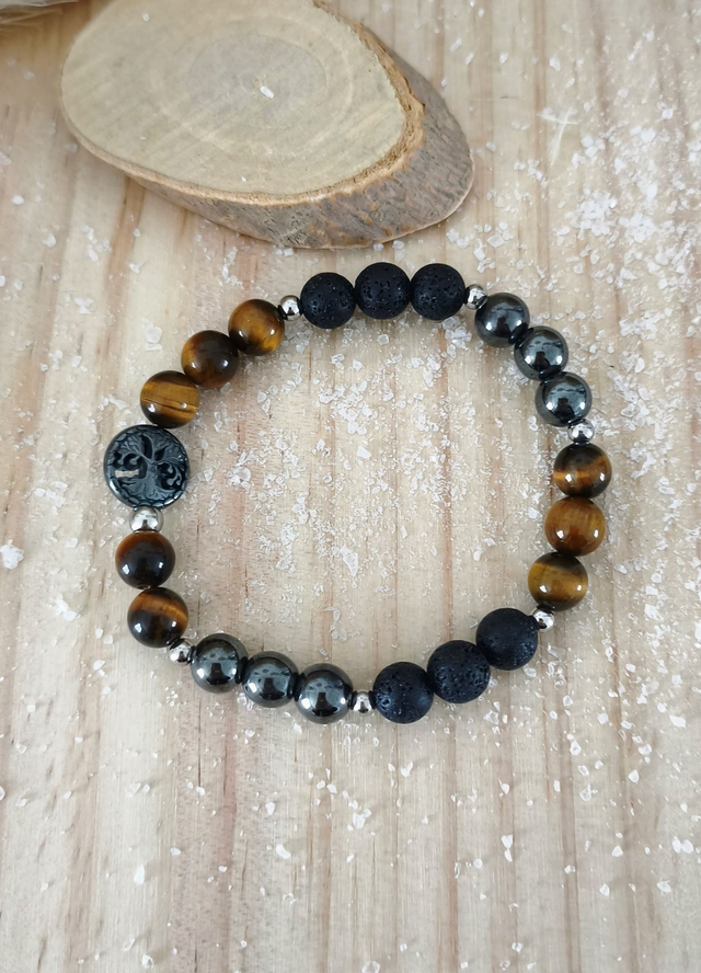 Bracelet "Force intérieure" Oeil de tigre, Pierre de lave et Hématite