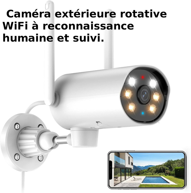 Caméra de surveillance WiFi grand angle et rotative à 180° avec des fonctions d'IA + option d'assistance à distance par email  (1 heure)