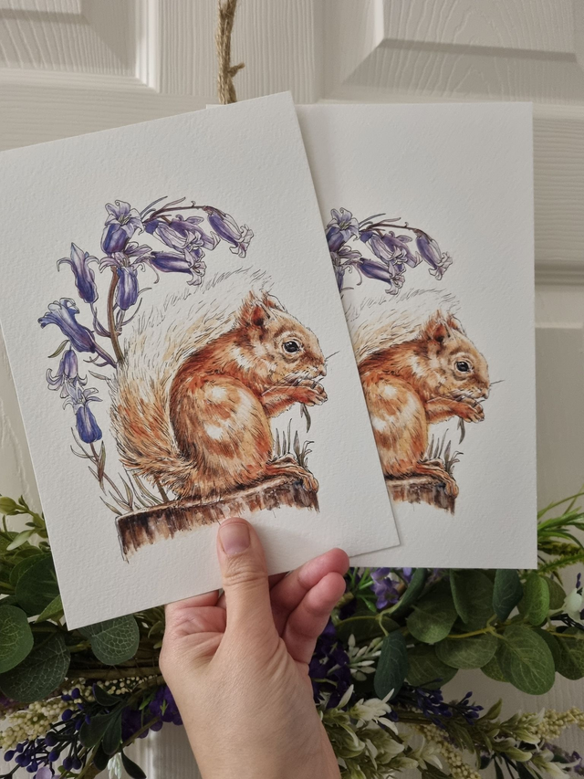 CLEARANCE - Old Paper Stock (textured) - Bluebells &amp; Red Squirrel Print - A5 size