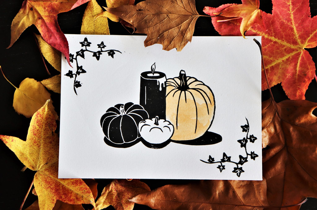 Linogravure A5 Citrouilles (avec ou sans aquarelle)