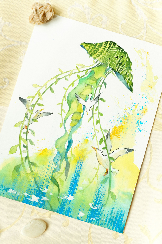 illustration originale couleur Les Mouettes et la méduse 