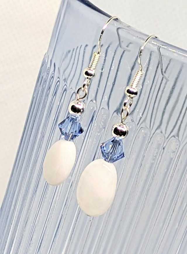 925 Sterling Silver,White Agate, Blue Crystal Earrings 