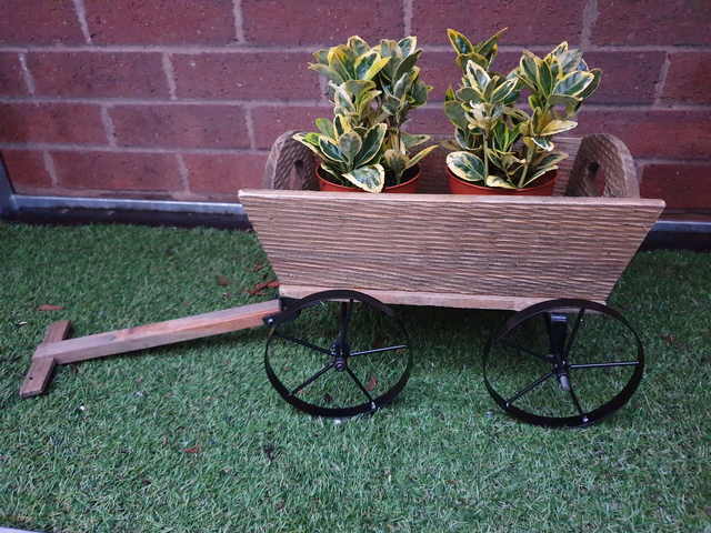 Wooden Planter Pushcart With Metal Wheels - Indoor Planter