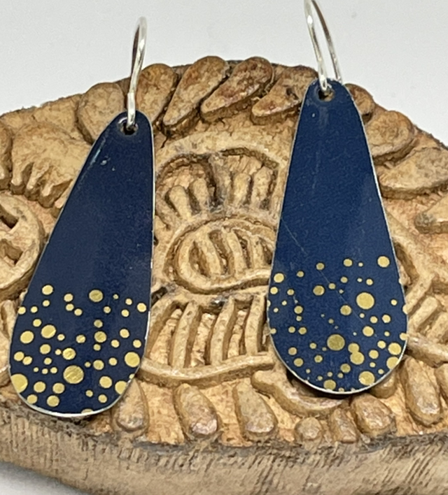 Navy and gold dot long drop tin earrings