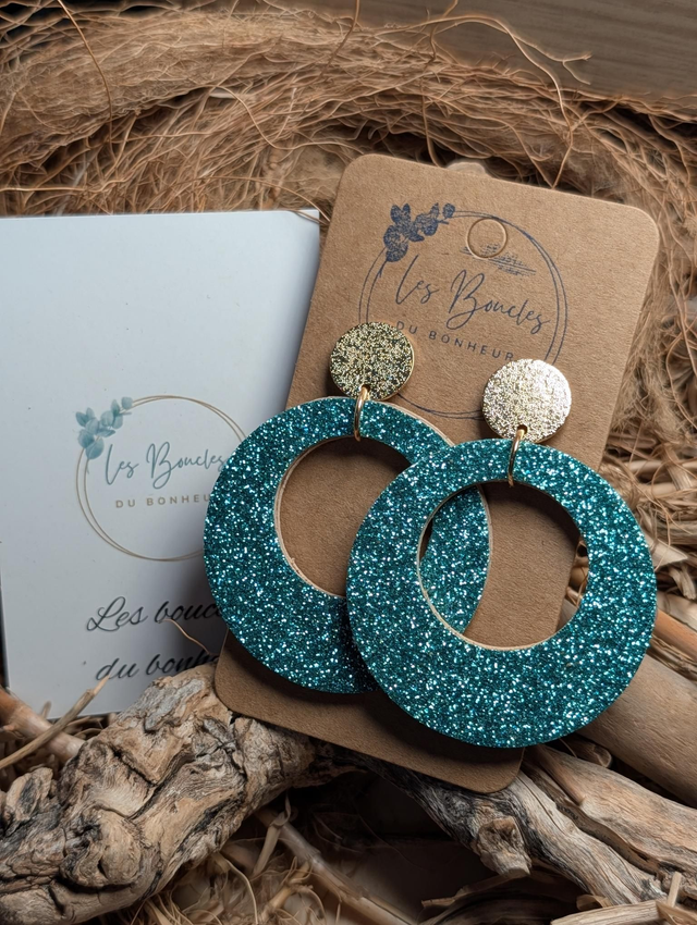Boucles d'oreilles Années 80/90 Moon turquoise paillettes x027