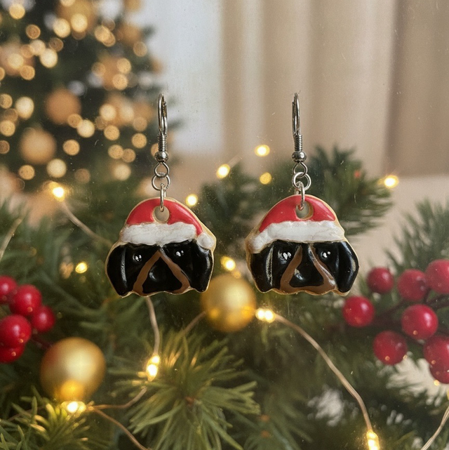 Polymer Clay Festive Dog Earrings - Black and Tan