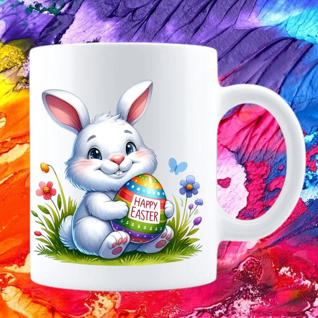 Oster-Tasse weiß mit Häschen Motiv Happy Easter


