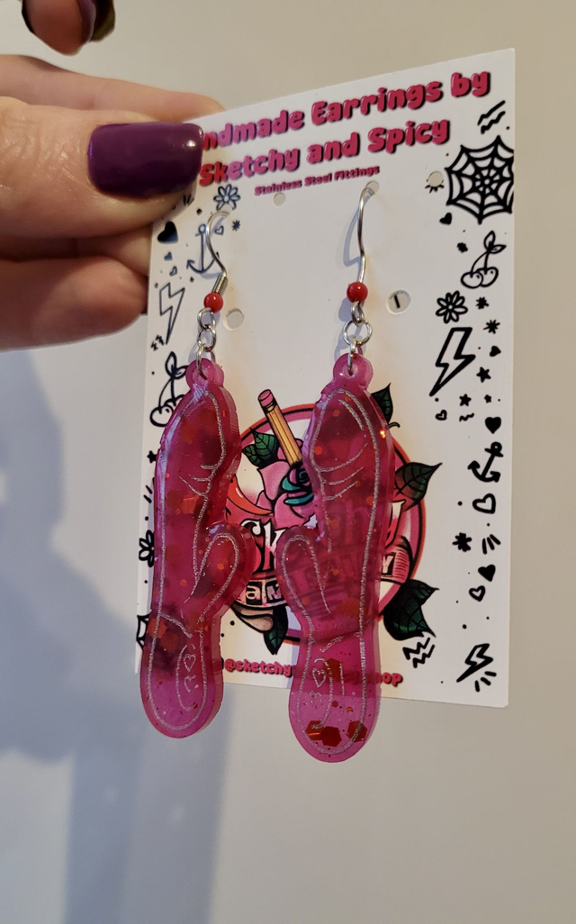 Earrings | Pink-Red Semi-translucent Glitter Rabbit Vibrator Earrings | Stainless Steel Hooks