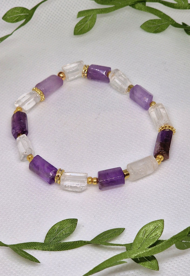 Bracelet Améthyste et Cristal de roche forme tube