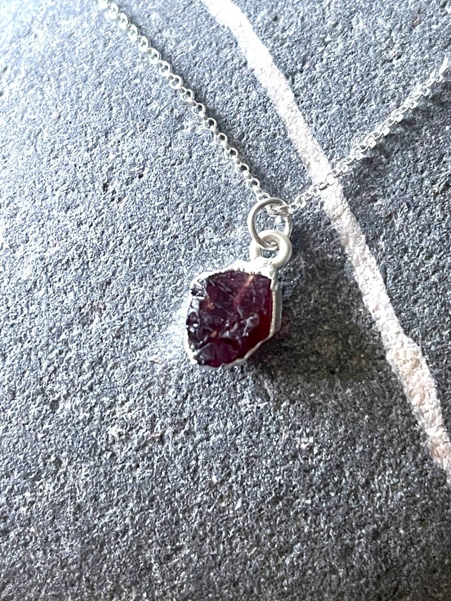 January - Garnet birthstone necklace - raw & wrapped with sterling silver