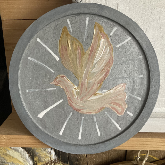 Rosé Goudkleurige Duif zilverkleurige Houten cirkel |  handbeschilderd | om op te hangen | jute koordje | kerst