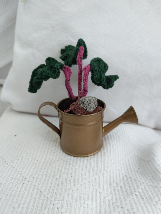 Crochet Crafts - Hand-Crocheted Rhubarb Plant &amp; Snail in Mini Watering Can - Crochet Art with Wire Armature (Ready to Ship)