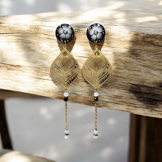 Boucles d'oreilles Flora noir gris blanc doré