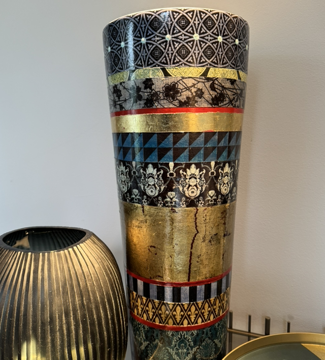 Vase Decoupage konisch / Ornamente, blau, Blattgold