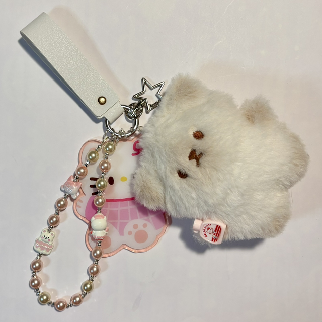 Cute Cat plush beaded keychain with large Kawaii Cat acrylic
