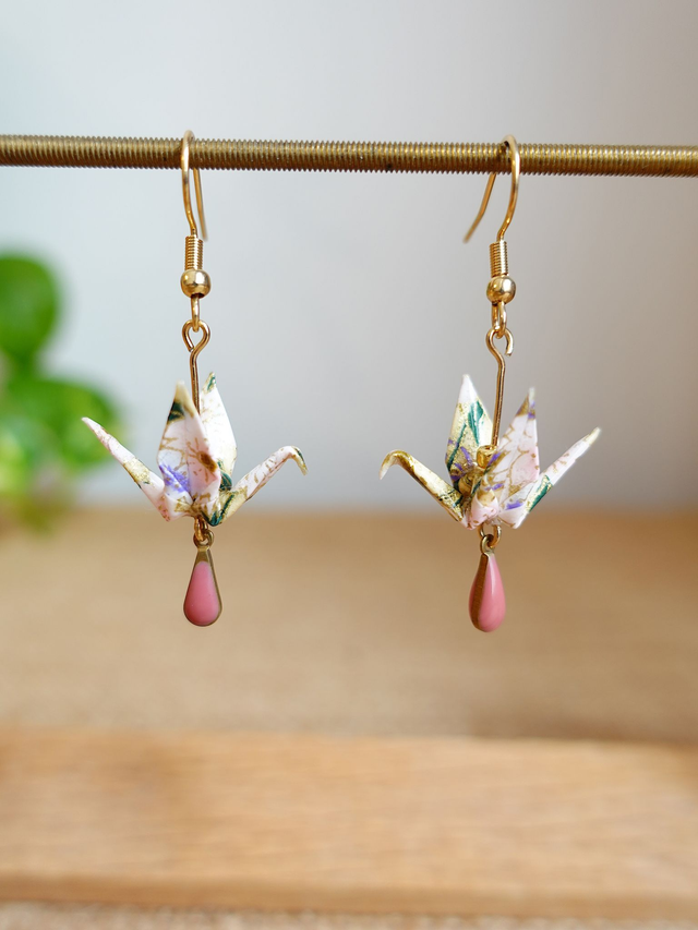 INOX doré / Origami grues, oiseaux / Papier japonais washi / Rose, violet, or / Boucles d'oreilles origami /