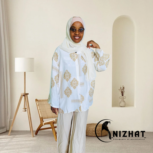 Ensemble chemise manches longues + pantalon imprimé beige clair et blanc 
